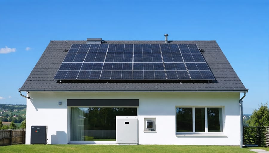 Modern European home with a 7kW solar panel array and smart battery storage, demonstrating renewable energy independence.