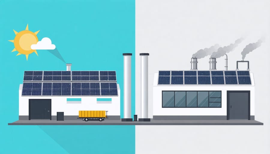 Comparative visualization of traditional and solar thermal systems showing economic and environmental benefits