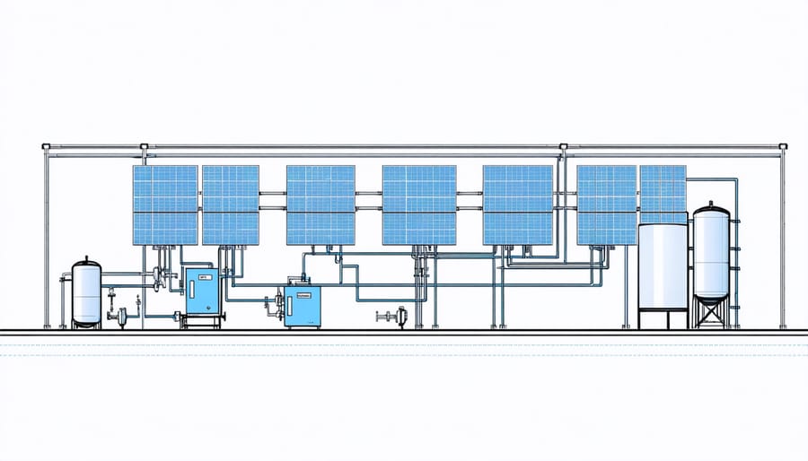 Schematic diagram of industrial solar thermal system components and their connections