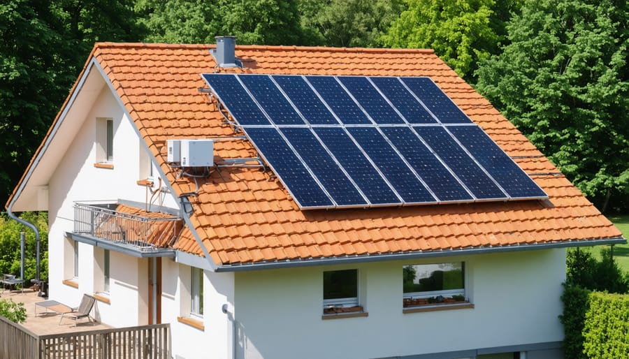 "Conceptual illustration of a solar thermal system on a European home, featuring rooftop solar collectors for efficient heat energy utilization and integration with the existing heating infrastructure."