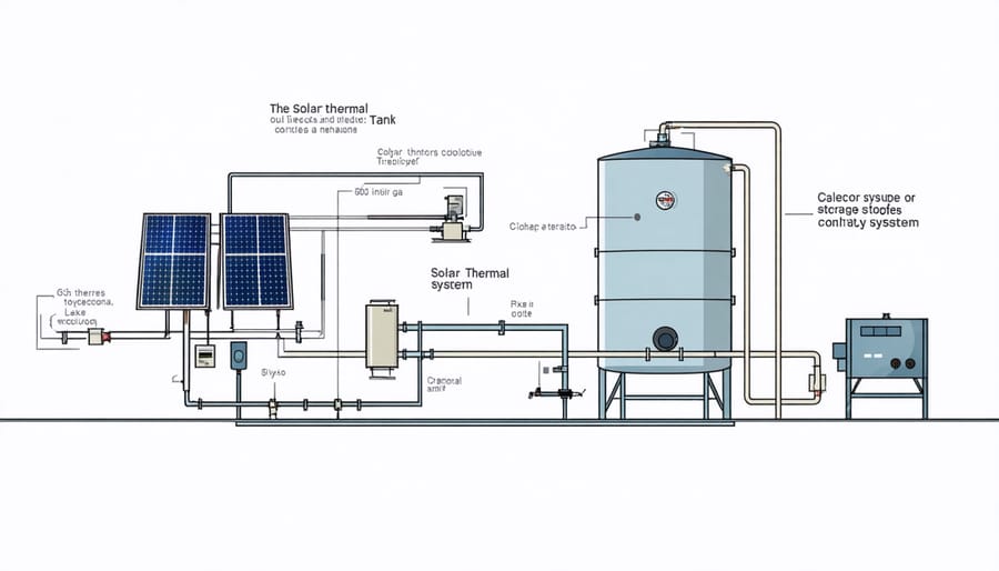 Cross-sectional diagram of a solar thermal system showing heat transfer flow and major components