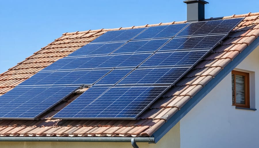 Professional contractors installing integrated solar roof tiles on a European residential property