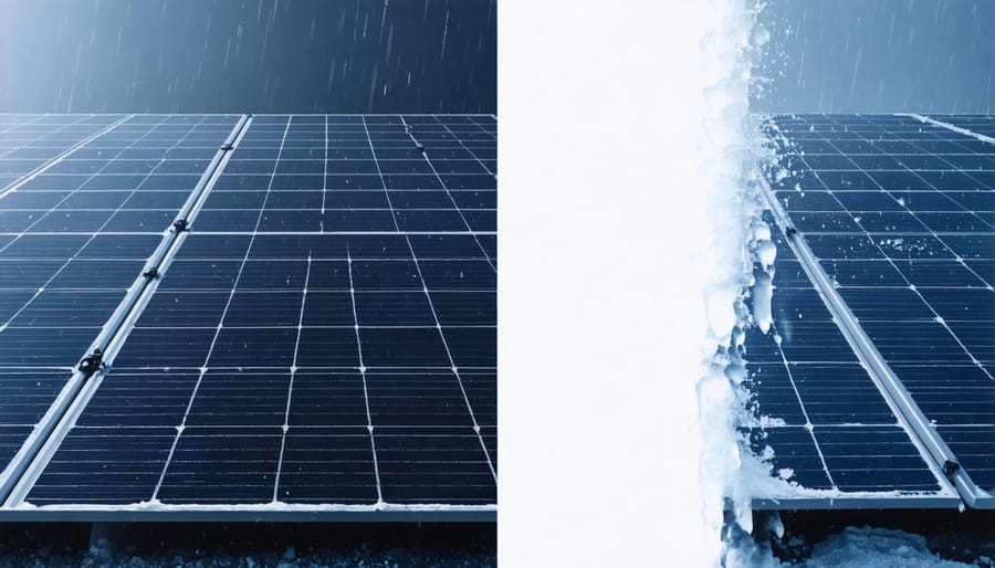 Solar panels exposed to various challenging weather conditions