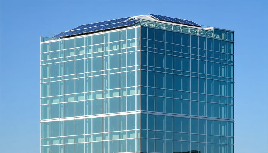 Office building featuring transparent solar panel windows that generate electricity while maintaining visibility