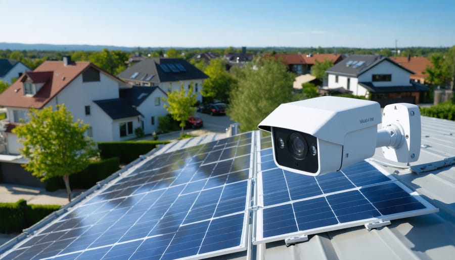 A rooftop solar panel powering a high-tech 4K security camera overlooking a residential neighborhood, symbolizing the blend of sustainable energy and advanced property surveillance.