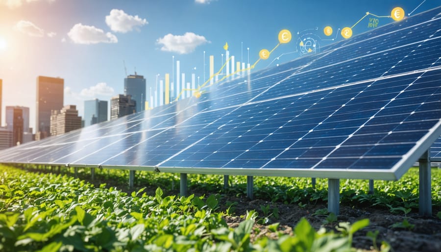 Aerial view of solar panels on rooftops and fields in Europe, with a city skyline featuring iconic European architecture, symbolizing the economic transformation by solar energy.