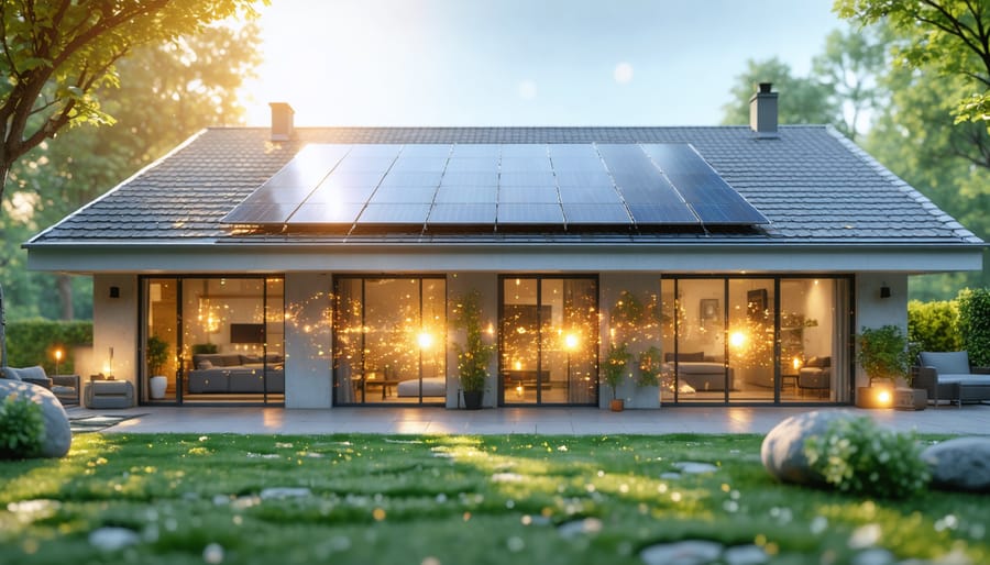 Digital illustration showcasing a modern European home with solar panels on the roof and a solar-powered heating system inside, highlighting the warmth and energy efficiency provided by solar technology.