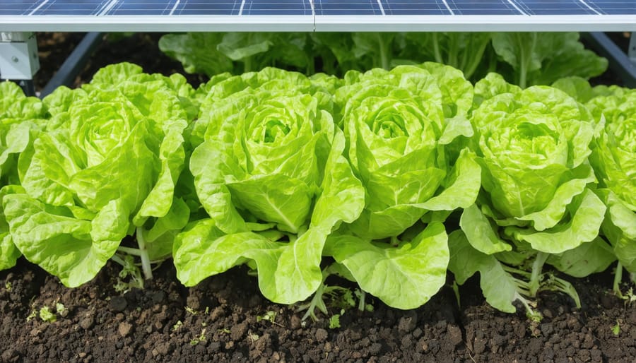 Healthy vegetables growing beneath solar panels in an agrivoltaic system