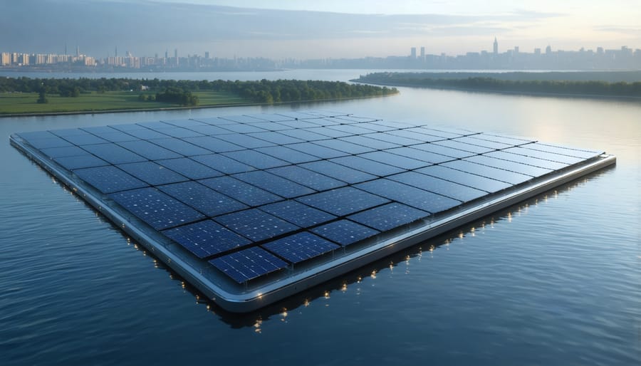 Conceptual depiction of floating solar panels on a waterway surrounded by a European city skyline, illustrating the integration of renewable energy with urban infrastructure.