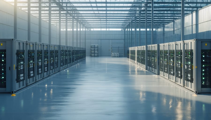 Aerial view of a utility-scale battery storage facility with multiple container units and supporting infrastructure