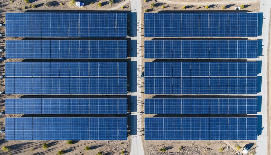 Vast solar panel array in desert landscape with smart city infrastructure visible in background