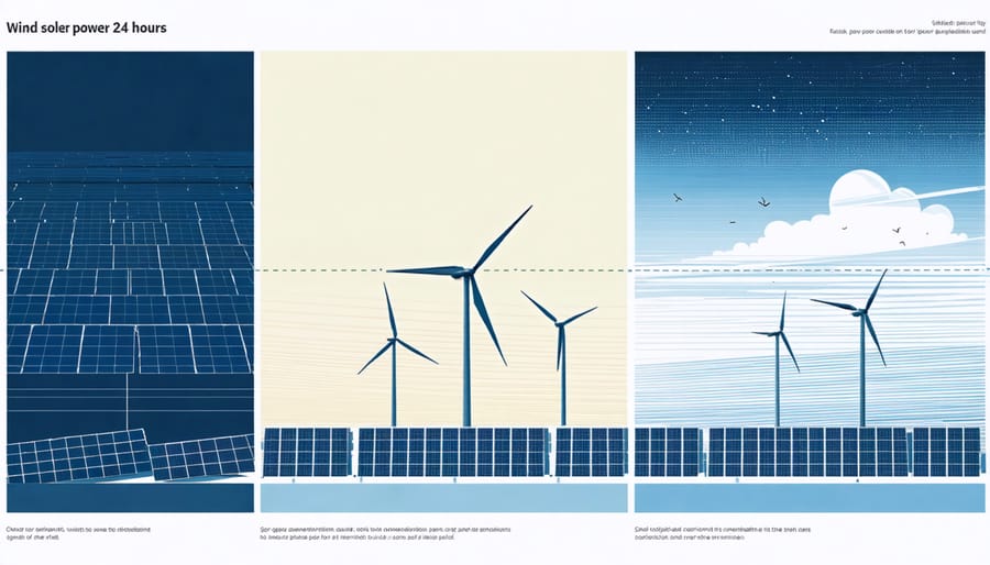 Graph comparing daily wind and solar energy production patterns showing peak solar during day and peak wind during night