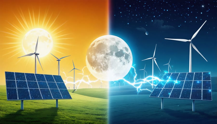 Conceptual illustration of a European landscape featuring solar panels in sunlight and wind turbines at night, highlighting their complementary energy generation.