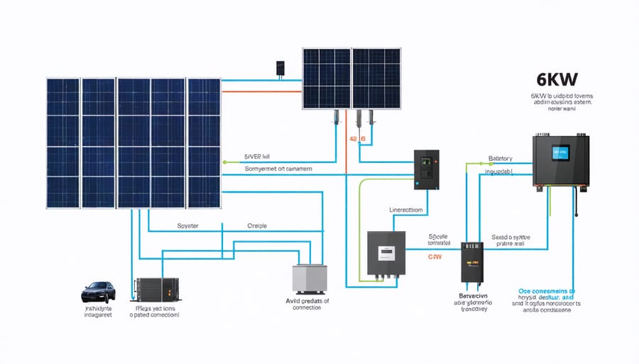 Schematic diagram of a complete 6kW hybrid solar system setup with labeled components