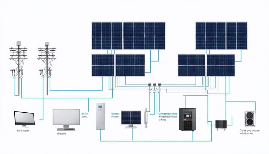 Technical illustration showing solar panels, inverter, meter, and grid connection components