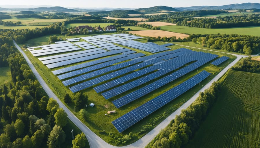 Aerial view of a remote village showcasing advanced solar technology including bifacial panels and smart microgrid systems.