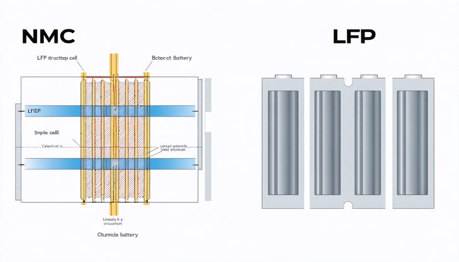 Side-by-side comparison of NMC and LFP battery chemical compositions and structures