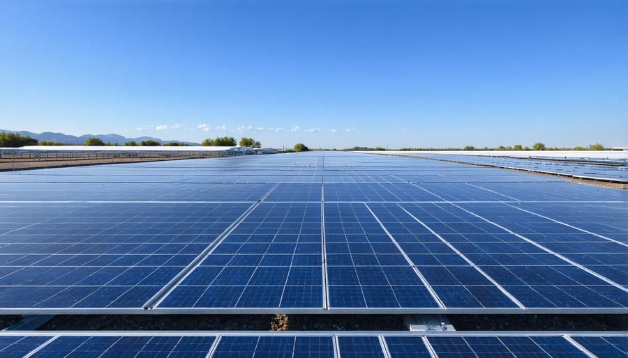 Aerial view of industrial solar installation with adjacent energy storage units