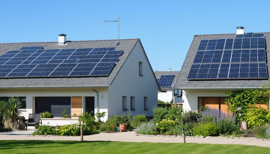 Aerial view of European suburban homes with solar panel installations, illustrating modern energy solutions for sustainable living.