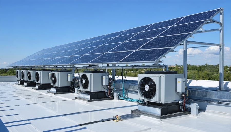 Rooftop view of solar panels powering industrial ventilation fans on a factory building