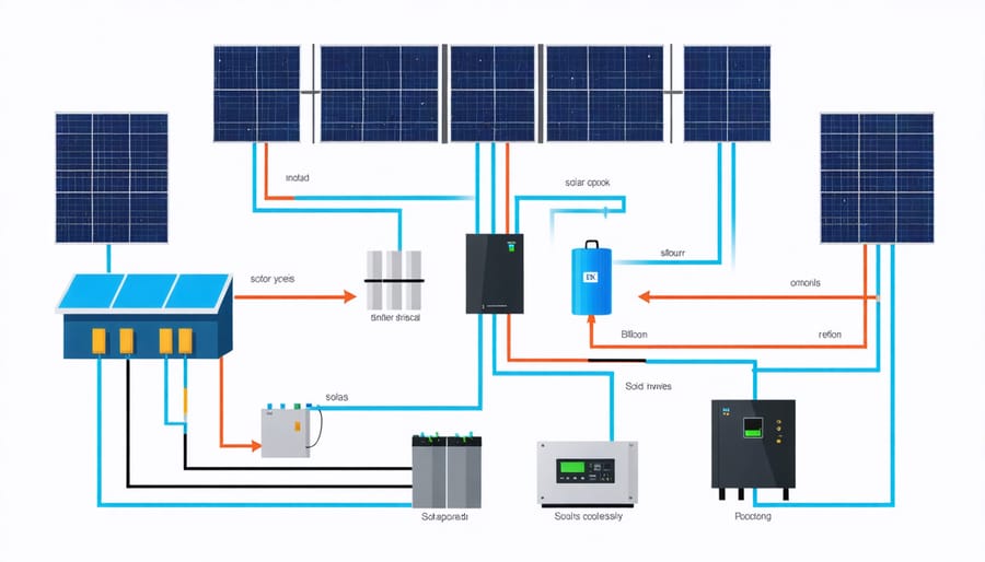 Technical diagram of hybrid solar system components and their interconnections