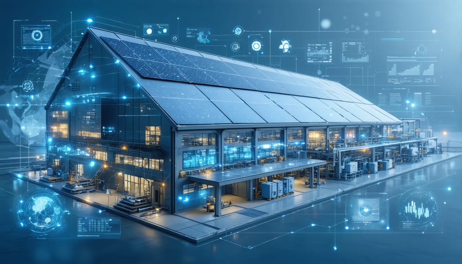 "Illustration of a modern factory integrating solar panels, batteries, and smart interfaces to symbolize the transformation of industrial automation with hybrid solar systems."