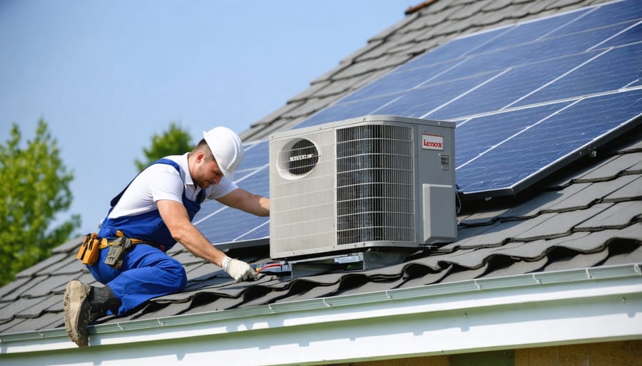 Certified technician mounting solar-powered air conditioning components