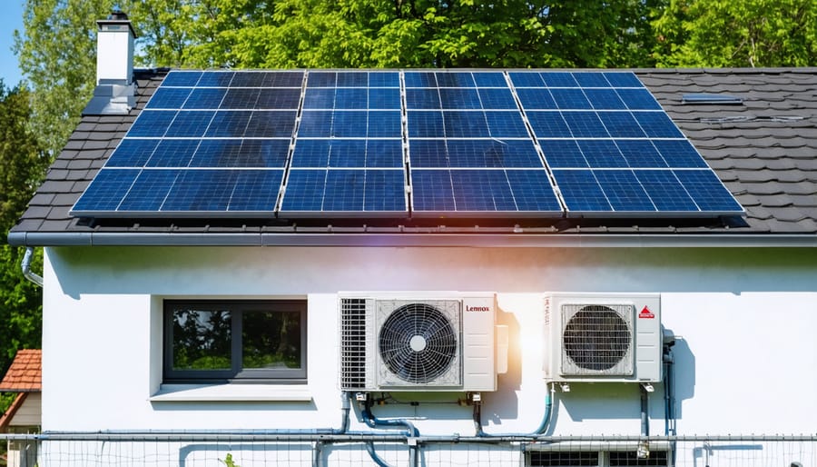 European home equipped with solar panels and a Lennox air conditioning unit, showcasing solar energy integration for sustainable cooling.