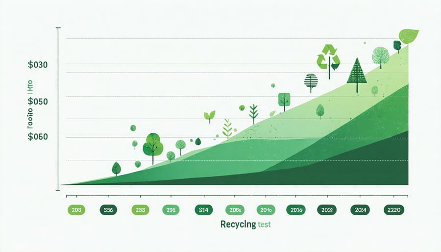 Line graph depicting declining solar panel recycling costs over time with key policy milestone markers