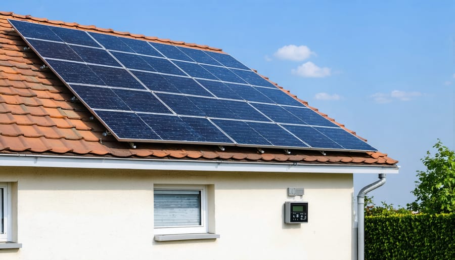 Solar panels installed on a modern home roof with digital monitoring system