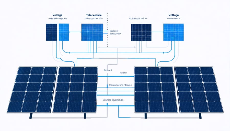 Technical diagram of four solar panels connected in series showing voltage summation