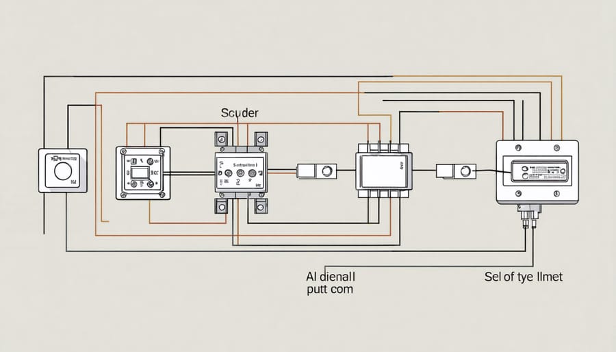 Detailed wiring schematic for four solar panels in series with safety components labeled