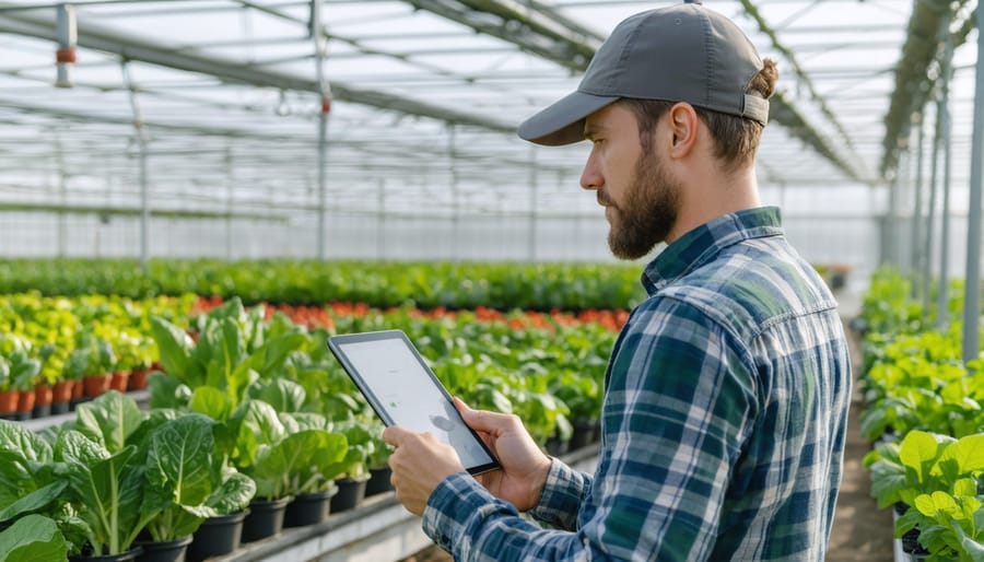 Agricultural professional reviewing climate control data on tablet device in modern greenhouse