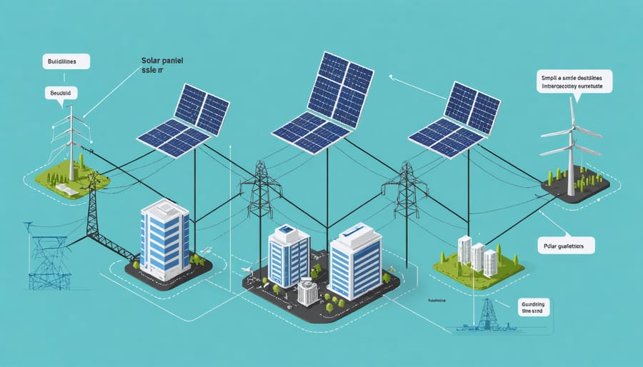 Visual representation of smart grid connectivity between solar installations and power infrastructure