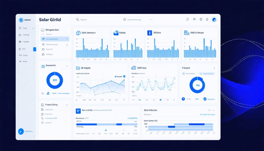 Smart grid software dashboard displaying real-time solar energy production metrics and system analytics