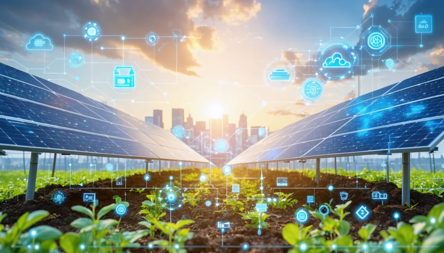 Digital illustration depicting interconnected solar panels and a smart grid network, symbolizing the transformation of solar energy management in Europe through advanced software and IoT technology.