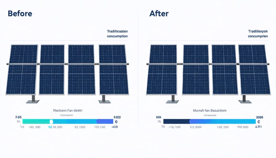 Comparative charts showing energy cost reduction after implementing solar-powered fans