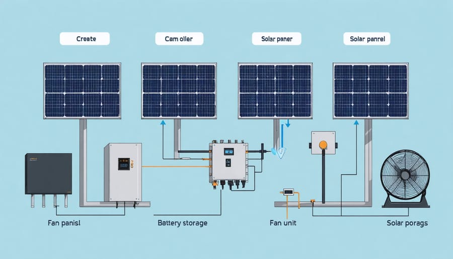 Technical diagram illustrating the components and connections of a solar-powered industrial fan system