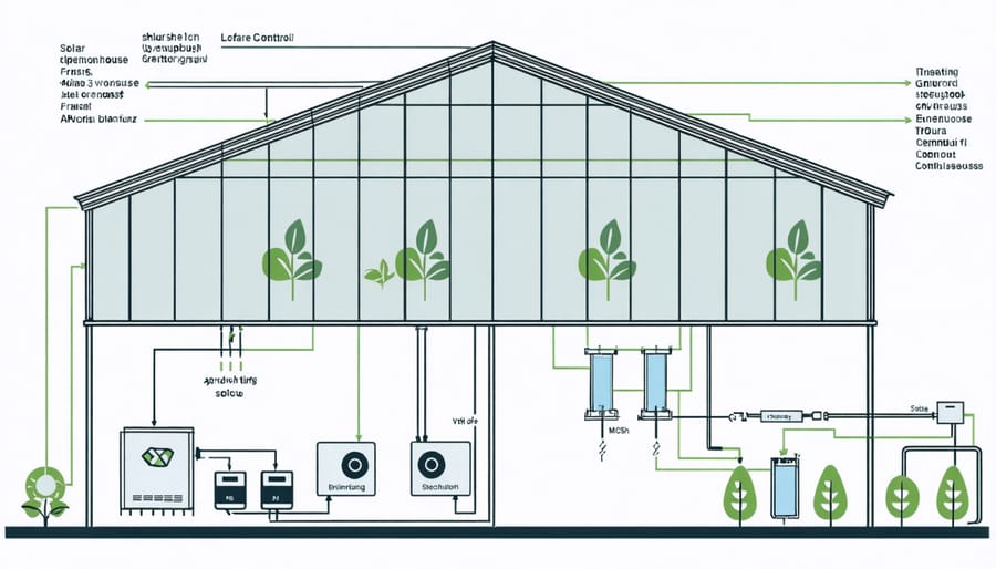 Schematic illustration of solar panels connected to greenhouse climate control equipment