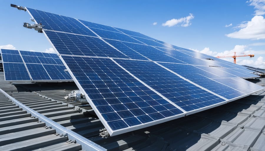 Industrial facility workers dismantling end-of-life solar panels for recycling