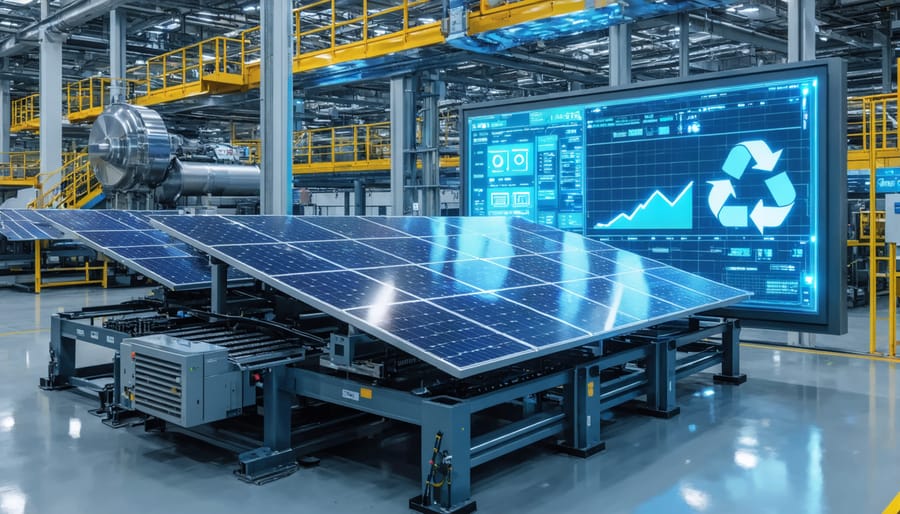 A modern automated system efficiently dismantling solar panels in a European recycling facility, highlighting technological advances and economic sustainability in solar energy.