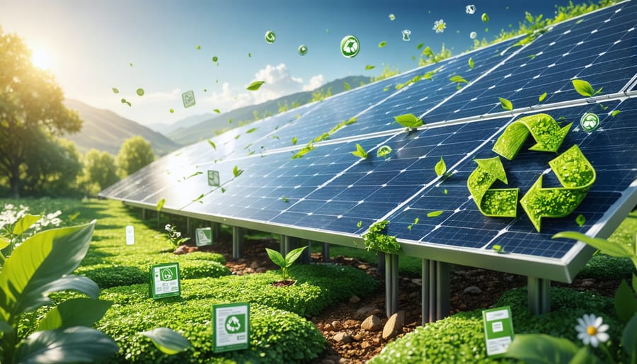 Conceptual illustration depicting a solar energy marketplace with panels, financial assets, and recycling symbols, representing the integration of sustainability and economic growth.