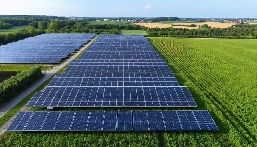 Solar panels installed alongside crop fields in a European agricultural setting