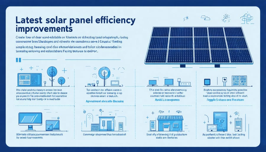 Technical diagram illustrating solar panel technology advancements and efficiency metrics