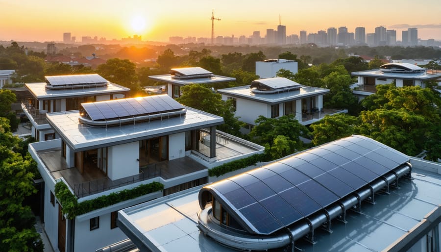 A futuristic cityscape featuring modern homes and buildings with integrated solar thermal systems, solar collectors on rooftops, and a sunrise background symbolizing renewable energy and sustainability.