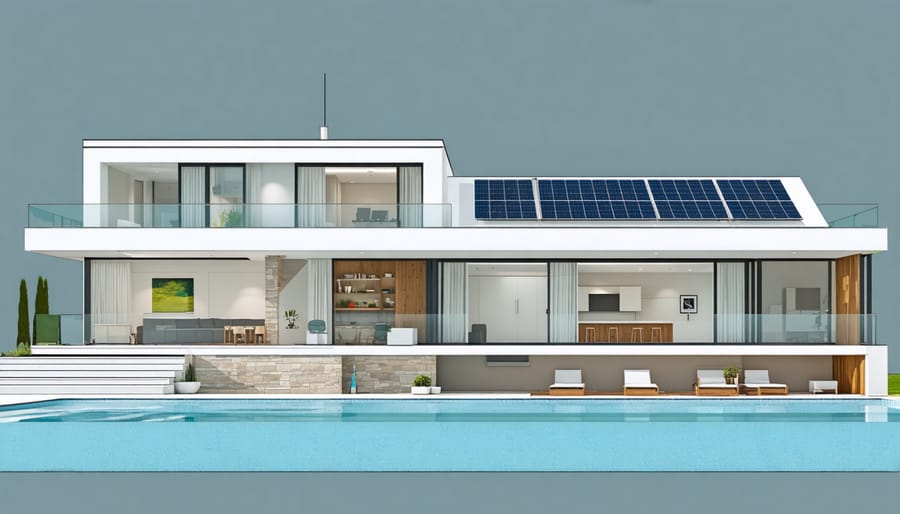 Cross-section illustration of a house showing multiple thermal solar heating applications