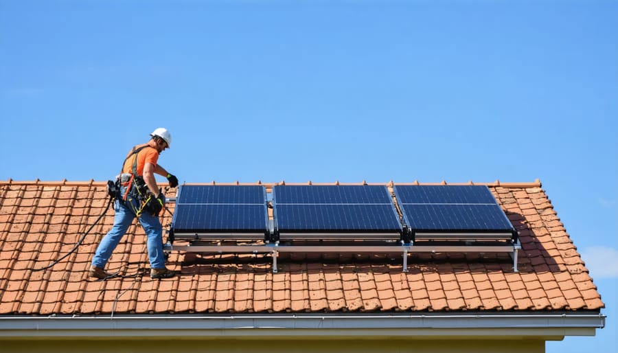 Technician mounting solar thermal collectors during system installation