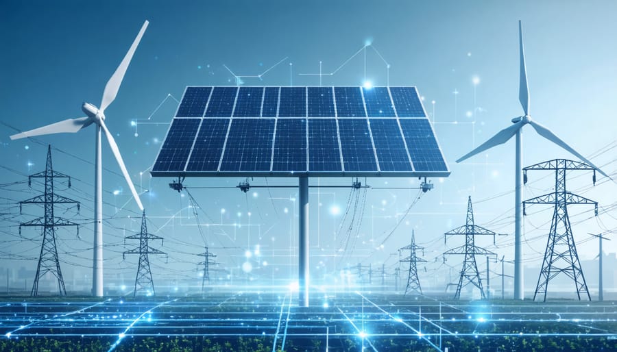 Conceptual illustration of solar panels and wind turbines integrated into a modern power grid, representing the structured agreements enabling renewable energy distribution.