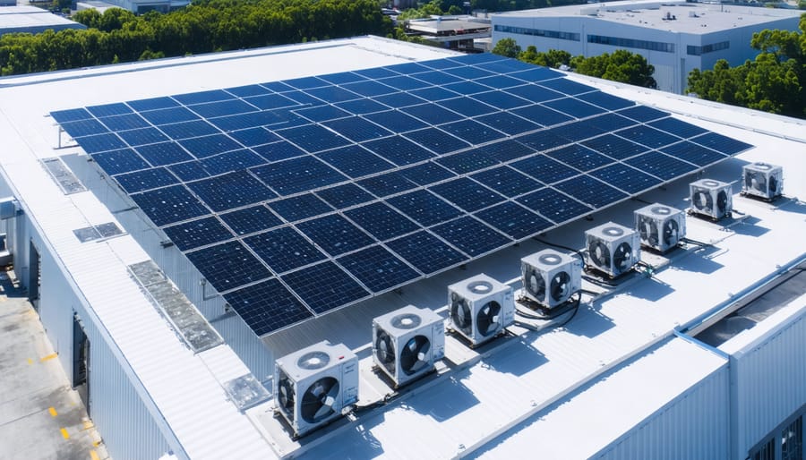 Solar panels installed on a factory rooftop harnessing sunlight to power industrial-grade fans, illustrating sustainable ventilation solutions.