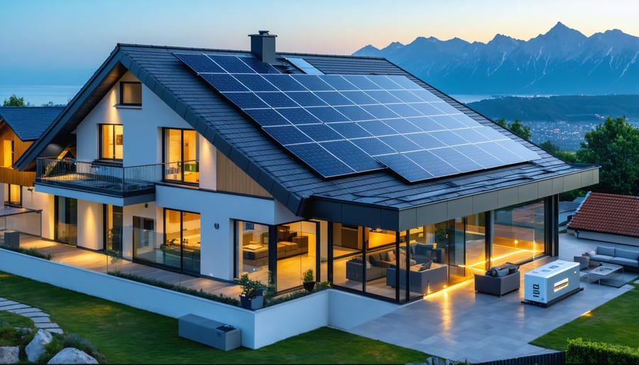 Illustration of a European home equipped with SolarEdge solar panels and advanced battery system, with energy lines highlighting energy flow amidst diverse European landscapes.